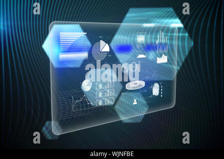Abstract technology interface against shiny hexagons on black background Stock Photo
