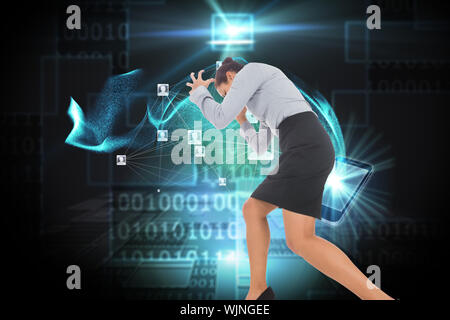 Furious businesswoman gesturing against shiny futuristic technological background Stock Photo