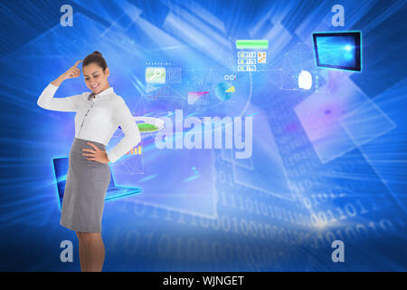 Smiling thoughtful businesswoman against shiny technological background Stock Photo