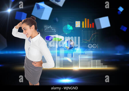 Smiling thoughtful businesswoman against boxes on technical background Stock Photo