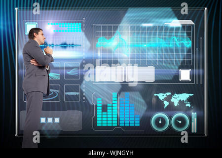 Thinking businessman holding glasses against shiny hexagons on black background Stock Photo