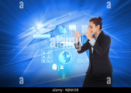 Angry businesswoman gesturing against shiny background with squares Stock Photo