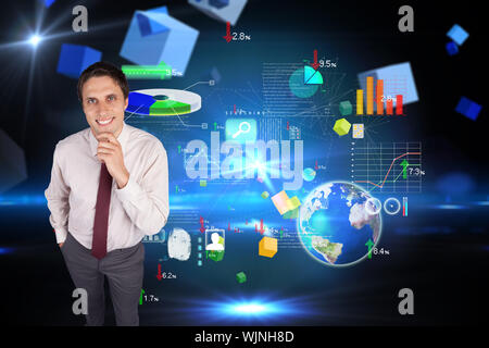 Thinking businessman touching his chin against boxes on technical background Stock Photo