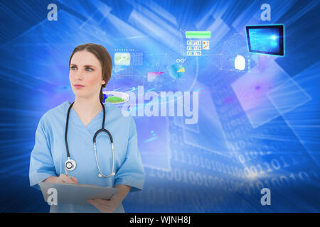 Thoughtful female doctor holding a clipboard against shiny technological background Stock Photo