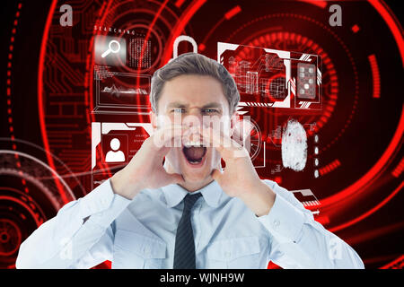 Angry businessman shouting against shiny red circles on black background Stock Photo