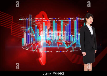 Smiling businesswoman against shiny red key on black background Stock Photo