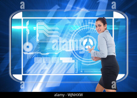 Furious businesswoman gesturing against futuristic shiny arrow pointing upwards Stock Photo