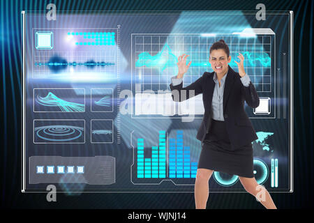 Angry businesswoman gesturing against shiny hexagons on black background Stock Photo