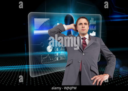 Thinking businessman scratching head against keyhole on technological background Stock Photo