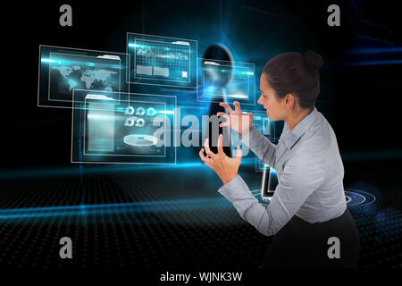 Furious businesswoman gesturing against keyhole on technological background Stock Photo