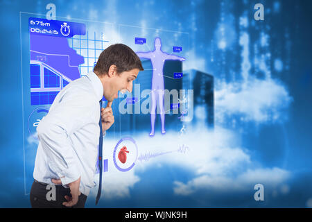 Thinking businessman touching his chin against cityscape on cloud Stock Photo