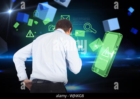 Thinking businessman touching his chin against boxes on technical background Stock Photo