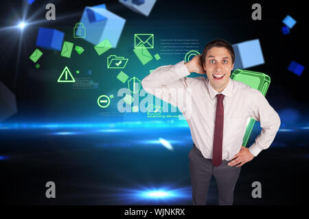 Thinking businessman scratching head against boxes on technical background Stock Photo