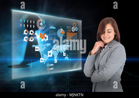 Thoughtful businesswoman against keyhole on technological black background Stock Photo