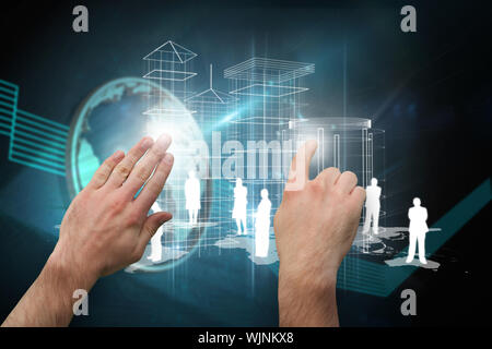 Hands pointing and presenting against shiny globe on black background Stock Photo