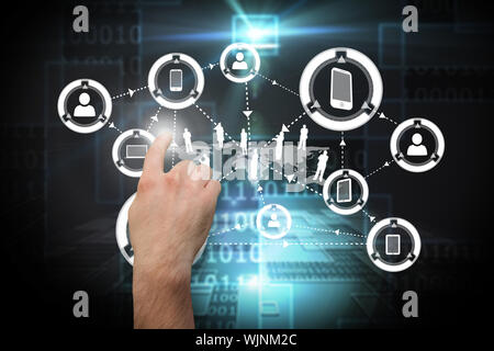 Hand pointing against shiny futuristic technological background Stock Photo