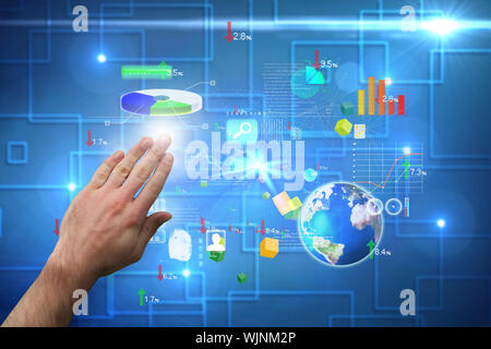 Hand presenting against black background with shiny squares Stock Photo
