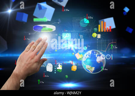Hand presenting against boxes on technical background Stock Photo