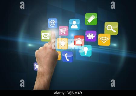 Hand pointing against technical background with squars Stock Photo