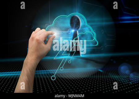 Hand presenting against keyhole on technological background Stock Photo