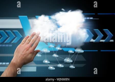 Hand presenting against arrows on technical background Stock Photo