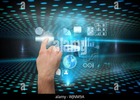 Hand pointing against keyhole on technological glowing background Stock Photo
