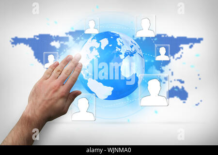 Hand presenting against blue world map on white background Stock Photo
