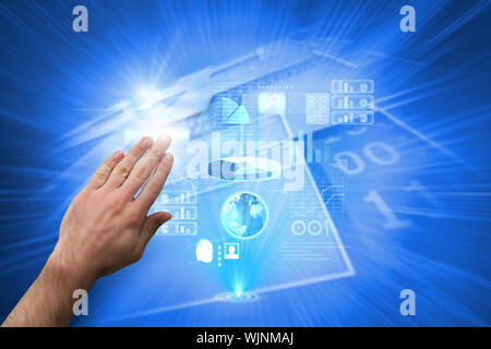 Hand presenting against shiny background with squares Stock Photo