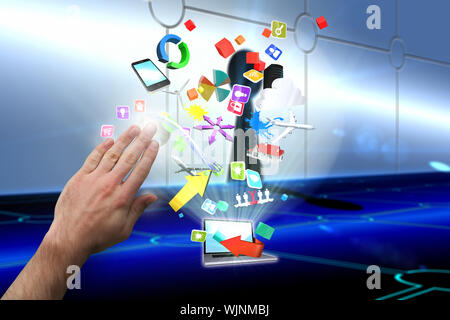 Hand presenting against keyhole on technological background Stock Photo