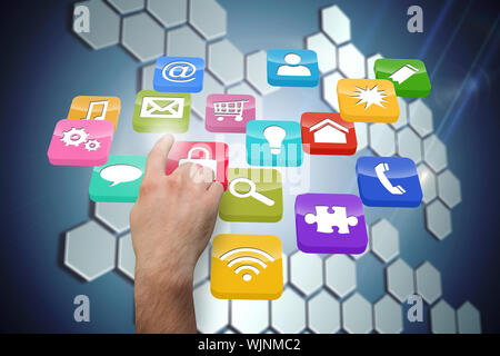 Hand pointing against technological background with hexagons Stock Photo