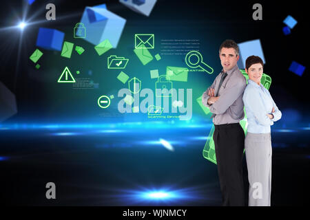 Office workers standing up back to back against boxes on technical background Stock Photo