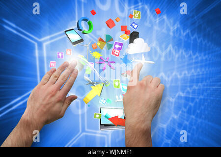 Hands pointing and presenting against background with shiny hexagons Stock Photo