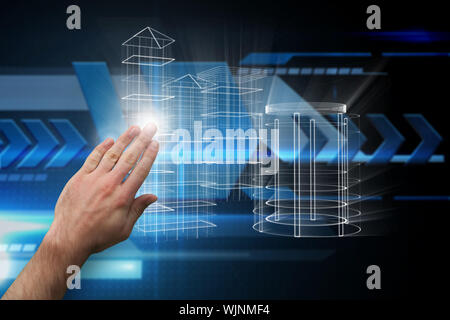 Hand presenting against arrows on technical background Stock Photo