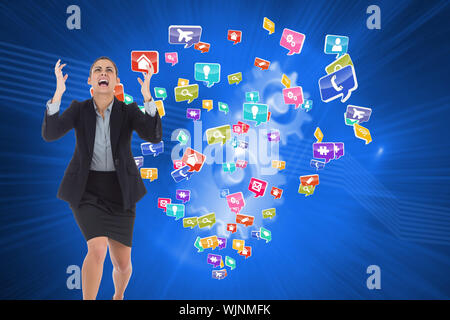 Angry businesswoman gesturing against shiny cogs on blue background Stock Photo