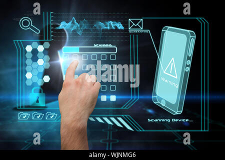 Hand pointing against keyhole on technological black background Stock Photo