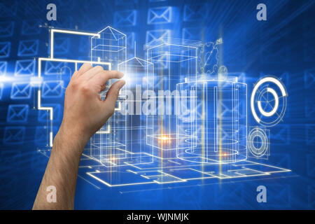 Hand presenting against glowing envelopes on blue background Stock Photo