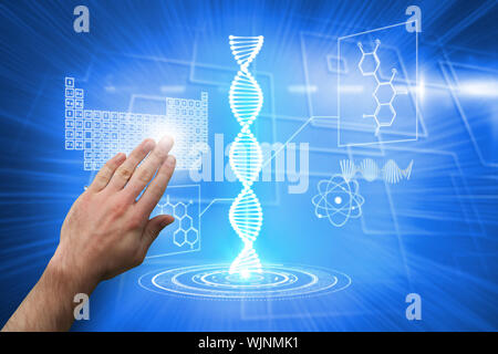 Hand presenting against background with glowing squares Stock Photo
