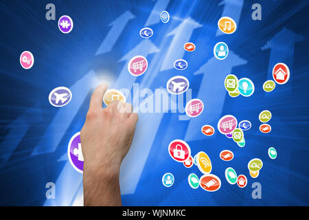 Hand pointing against futuristic shiny arrow pointing upwards Stock Photo