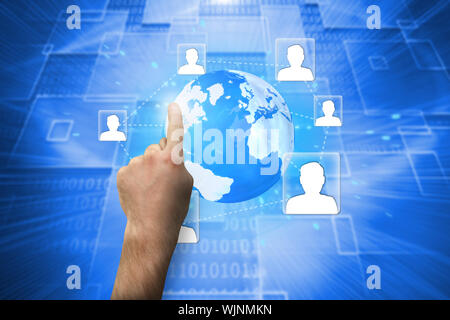 Hand pointing against shiny background with squares Stock Photo
