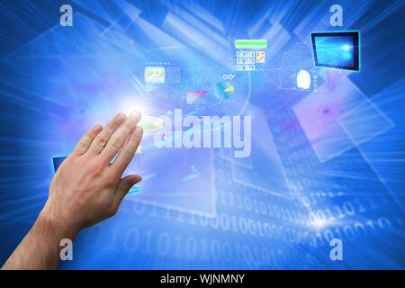 Hand presenting against shiny technological background Stock Photo