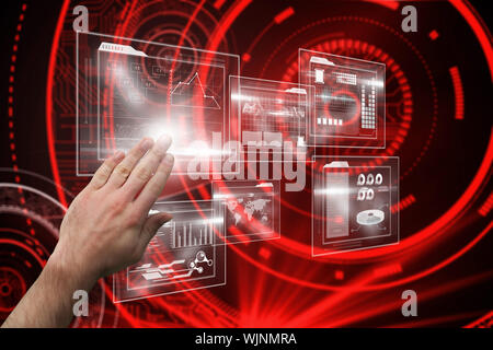 Hand presenting against shiny red circles on black background Stock Photo