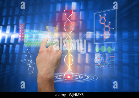 Hand pointing against glowing squares on blue background Stock Photo