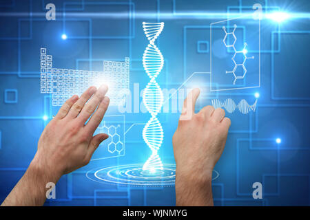 Hands pointing and presenting against black background with shiny squares Stock Photo