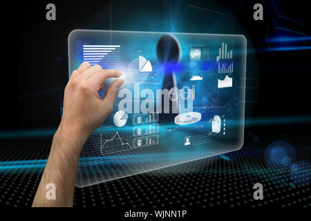 Hand presenting against keyhole on technological background Stock Photo