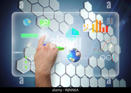 Hand pointing against technological background with hexagons Stock Photo