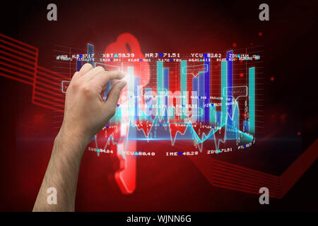 Hand presenting against shiny red key on black background Stock Photo