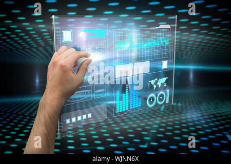 Hand presenting against keyhole on technological glowing background Stock Photo