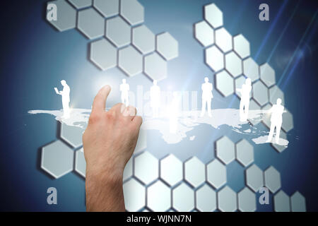 Hand pointing against technological background with hexagons Stock Photo