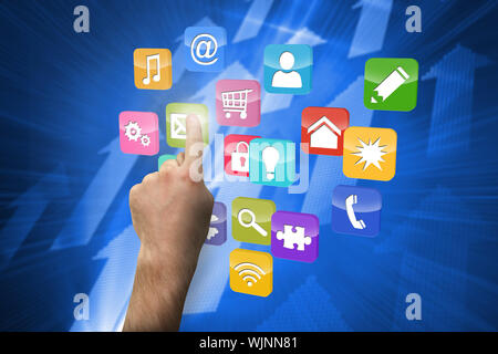 Hand pointing against futuristic shiny arrow pointing upwards Stock Photo