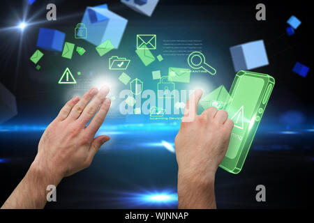 Hands pointing and presenting against boxes on technical background Stock Photo